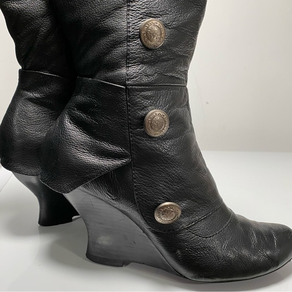 Black leather wedge heel tall boots with button detailing - Picture 7 of 16